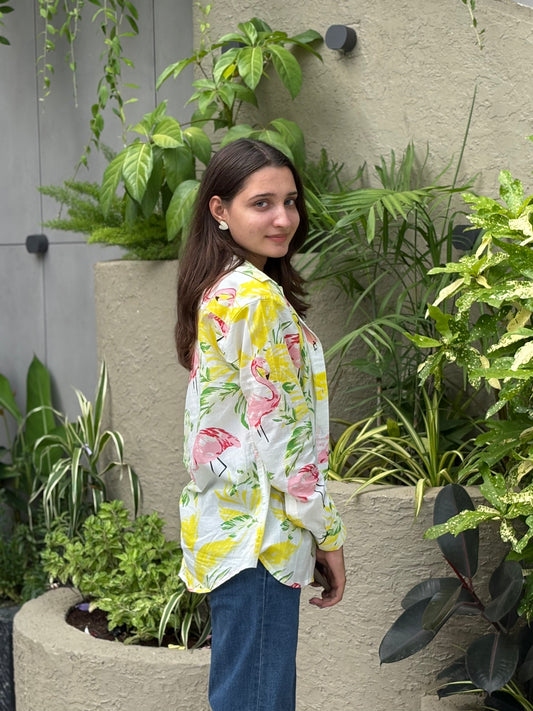 White-Yellow Flamingo Print Shirt